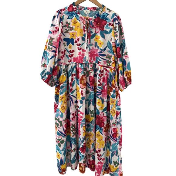 Umgee Long Sleeve Boho Floral Peasant Midi‎ Dress Pockets Multicolor Size Large - Picture 2 of 10